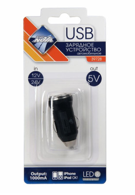 NOVA BRIGHT Зарядное устройство для моб.устройств, USB-порт, 1000мА, LED индикатор, 12/24В 39728